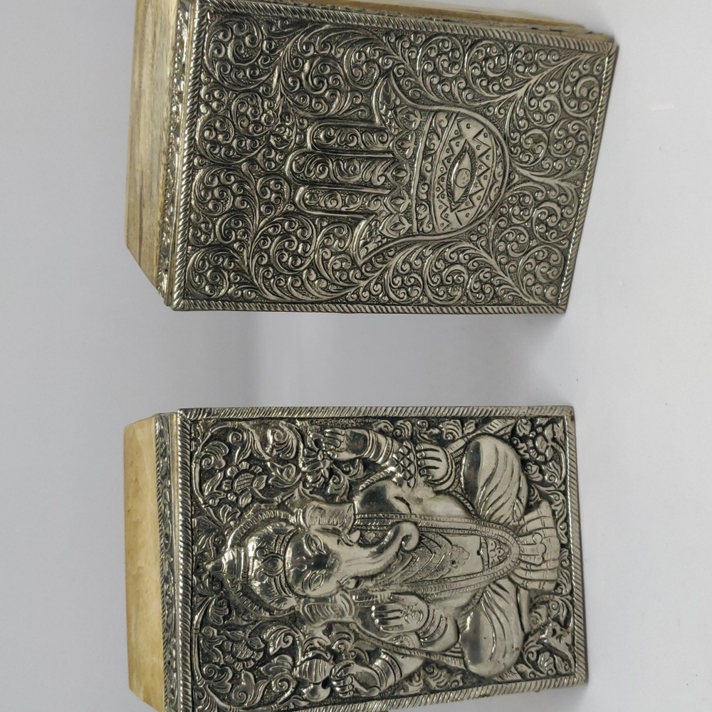 Embossed Metal and Wood Ganesh and Hamsa Boxes